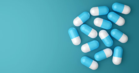 pills on a blue background. 3d illustration. background for a presentation on the topic of medicine and healthの写真素材