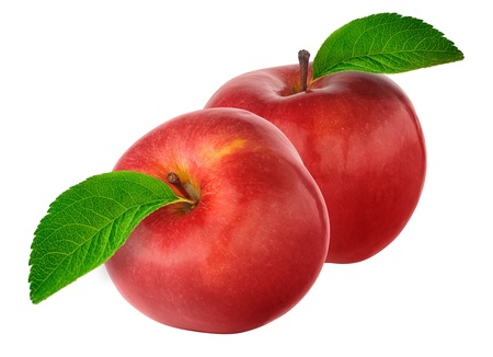 Two red apples with leavesの写真素材