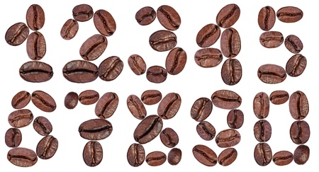 number made with coffee beans on a white backgroundの写真素材