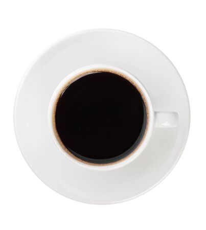 Top view of black coffee cup isolated on white の写真素材