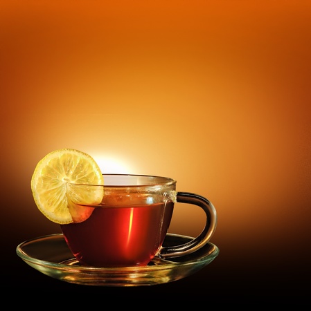 cup of tea at sunset の写真素材