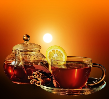 cup of tea at sunset の写真素材