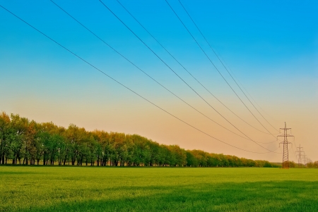 power pylons and wires during sunny day の写真素材