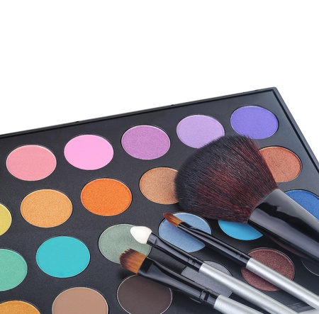 eyeshadow kit for make-up over white background の写真素材