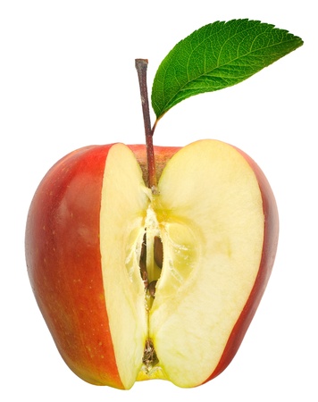 red apple fruits with cut and green leaves isolated on white background の写真素材