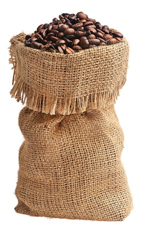 Coffee beans in burlap sackの写真素材
