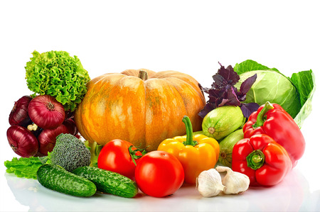 collection fruits and vegetables isolated on a white backgroundの写真素材