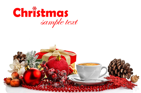 Cup of espresso coffee and Christmas decorationの写真素材