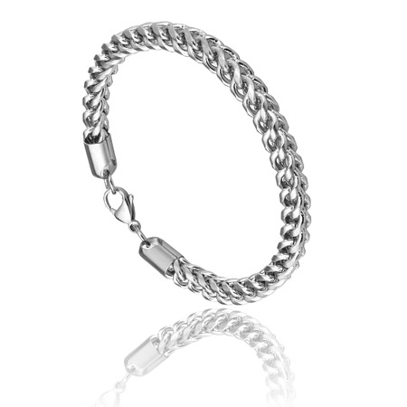 Men's bracelet, silver, stainless steel, white backgroundの写真素材