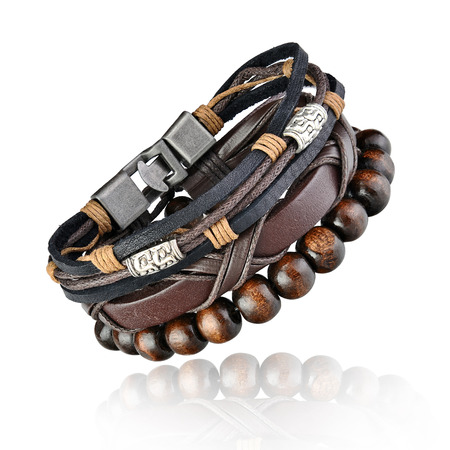 Men's bracelet, stones, silver, leather, white backgroundの写真素材