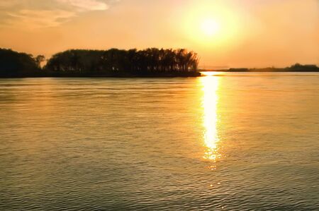 Bright orange sunset on the Amur River in Russia