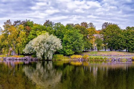 Autumn trees are reflected in the lake along the coastの写真素材
