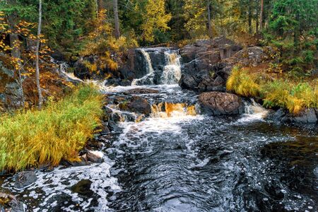 A river with a waterfall in the autumn Karelian forestの写真素材