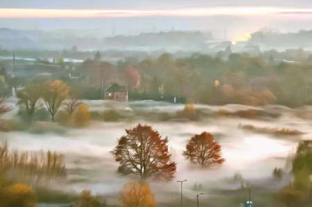 Digital painting of the city in the fogの写真素材