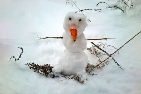 A small snowman with a carrot noseの写真素材