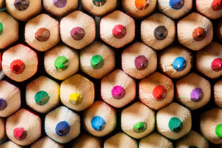 close up of an assortment of colored pencils tipsの写真素材
