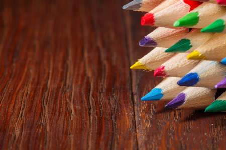 close up of an assortment of colored pencils tipsの写真素材