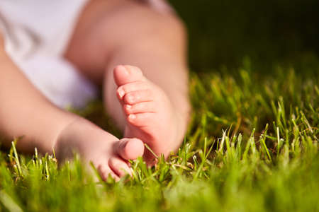 Small baby feet on the green grass at summer sunshiny day in the park. Cute baby in the white clothing. Horizontal croped photo. Concept of the happy babies.の写真素材
