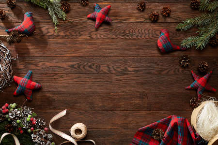 Christmas decoration frame on dark wooden background.の写真素材