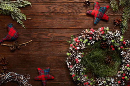 Christmas decoration frame on dark wooden background.の写真素材