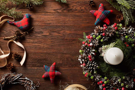 Christmas decoration frame on dark wooden background.の写真素材