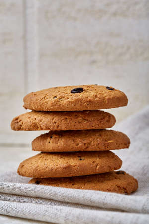 Chocolate chips cookies isolated on light background, macro, close-up, shallow depth of field,...