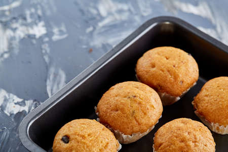 Fresh baked chocolate muffins on a cookie sheet, top view, close-up, selective focus