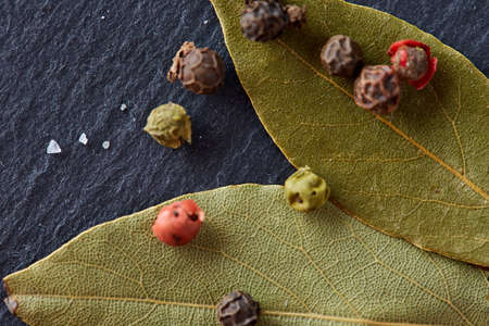 Composition of bay laurel leaf with peppercorn and salt isolated on dark background, top view, close-up, selective focusの写真素材