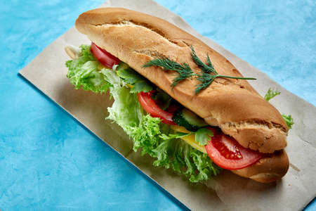 Fresh and tasty sandwich with cheese and vegetables on paper plate over blue background, selective focus, top viewの写真素材