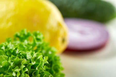 Fresh vegetables still life. Veges lined up on a white background, top view, close-up, shallow depth of fieldの写真素材