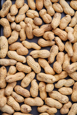 Unpeeled raw peanut on baking tray over white textured background, selective focus, shallow depth of...