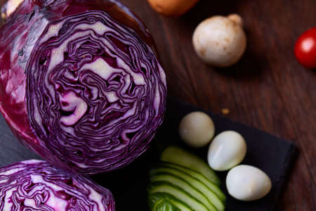 Breakfast still life with sandwiches, quail eggs, spicies and fresh fruits and vegetables, selective focusの写真素材