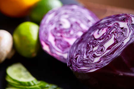 Breakfast still life with sandwiches, quail eggs, spicies and fresh fruits and vegetables, selective focusの写真素材