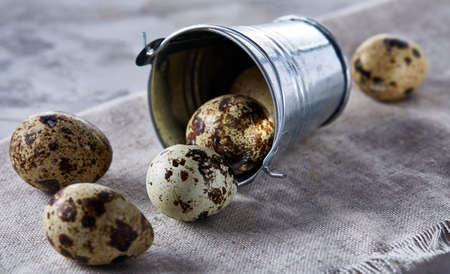 Overturned decorative bucket filled with quail eggs on napkin over white textured background,...