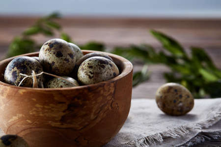 Bowl with eggs quail, eggs on a homespun napkin, boxwood on wooden background, close-up, selective focusの写真素材