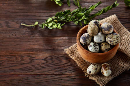 Bowl with eggs quail, eggs on a homespun napkin, boxwood on wooden background, close-up, selective focus, top viewの写真素材