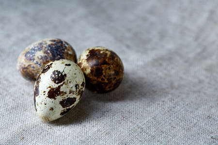 Group of three spotted quail eggs on a wooden table, top view, close-up, selective focus, copy space. Some copy space tor your inscription. Textured background emphesize the still life. Easter concept. Healthy lifestyle concept.の写真素材