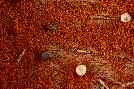 Grind paprica colorful background, close-up, selective focus. Some copy space for inscription or picture. Aromatic flavour. Abstract background. Organic food background. Healthy lifestyle concept. Food background. Natural seasoning.の写真素材