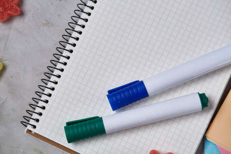 A notebook, two markers and assortment of jelly beans on a white textured background, copy space for...