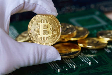 uncertainty with bitcoin in hand,war of bitcoin,pull golden coin with hand to hand,on bokeh,white,blue,purple light background, bitcoins in businees man handの写真素材