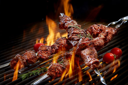 Barbecue skewers meat kebabs with vegetables on flaming grillの写真素材