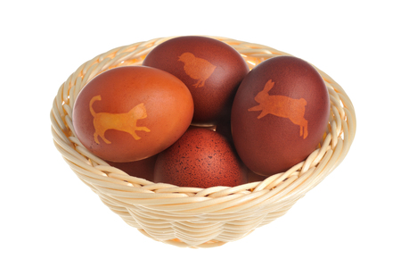 Decorated easter eggs in wicker basket isolated on whiteの写真素材