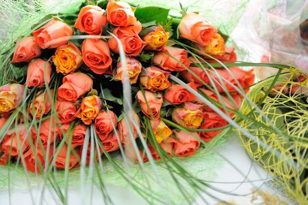 Bouquet of roses decorated green leavesの写真素材