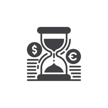 Hourglass and coins icon vector, filled flat sign, solid pictogram isolated on white. Time is money symbol, logo illustrationのイラスト素材