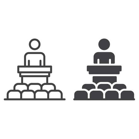 Speaker, conference line and solid icon, outline and filled vector sign, linear and full pictogram isolated on white. Podium symbol, illustrationのイラスト素材