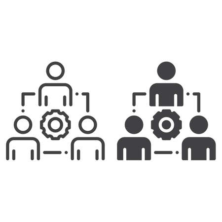 People and gear line and solid icon, outline and filled vector sign, linear and full pictogram isolated on white. Team work symbol,  illustrationのイラスト素材