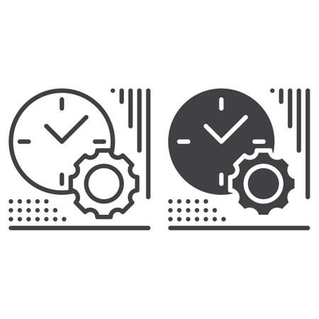 Clock and gear line and solid icon, outline and filled vector sign, linear and full pictogram isolated on white. Time management symbol,  illustrationのイラスト素材