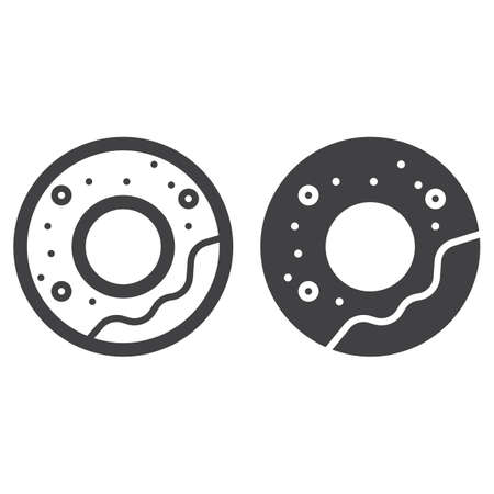 Doughnut or donut line and solid icon, outline and filled vector sign, linear and full pictogram isolated on white. Dessert food symbol, illustrationのイラスト素材