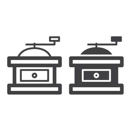 Manual Hand Coffee Mill Grinder line and solid icon, outline and filled vector sign, linear and full pictogram isolated on white. Symbol, illustrationのイラスト素材
