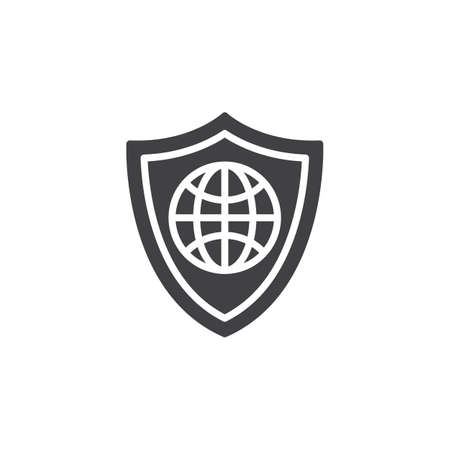 Shield with globe icon vector, filled flat sign, solid pictogram isolated on white. Web protection symbol, illustrationのイラスト素材